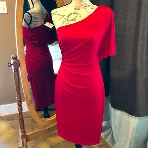 Calvin Klein red one shoulder ruched dress